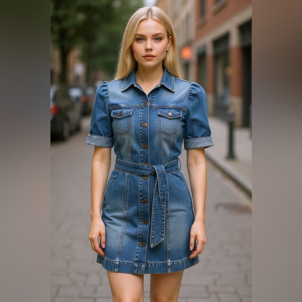 Retrofête Denim Button-Up Dress with Belt